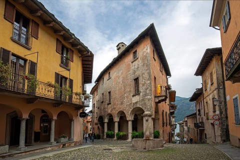 Alley with Hotel Pironi in the historic centre of Cannobio, Lake Maggiore, province of