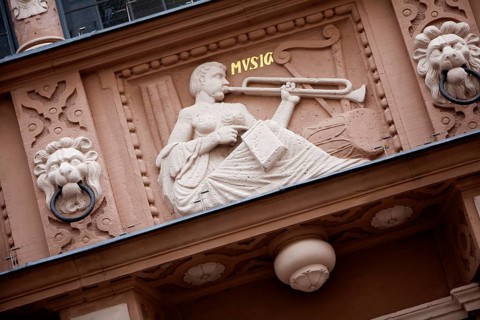 Trombone player, decoration of the facade, Town Hall, Lemgo, North Rhine-Westphalia, Germany