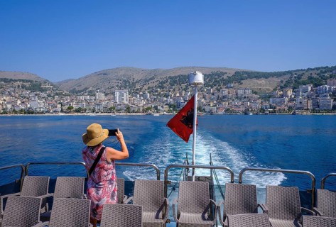 Saranda, Albania, seaside resort of Saranda on the Albanian Riviera. Ferry from Saranda to Corfu