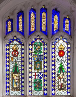 Stained glass of east window medieval fragments, Church of Saint Nicholas, Rushbrooke, Suffolk,
