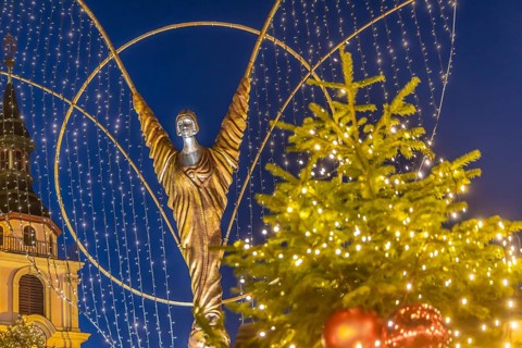 Baroque Christmas market with illuminated angels between the Protestant City Church and the
