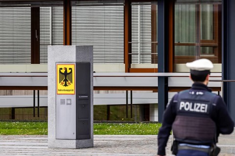 Federal Constitutional Court Karlsruhe, (BVerfG) . Exterior view with national emblem, federal