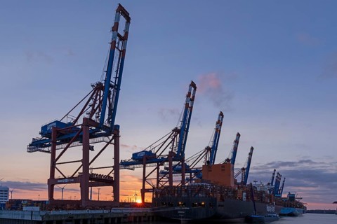 Sunset, container port, container terminal Eurogate, container bridges, container ships,