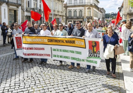 Political rally and march for May Day in city of Guimaraes, Braga district, northern Portugal,
