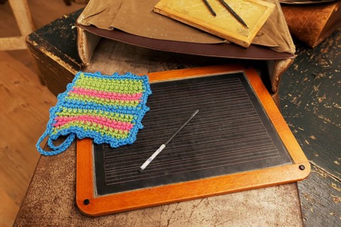 Slate board with crocheted cloth, school bag, Friedrichshafen School Museum, Baden-Württemberg,