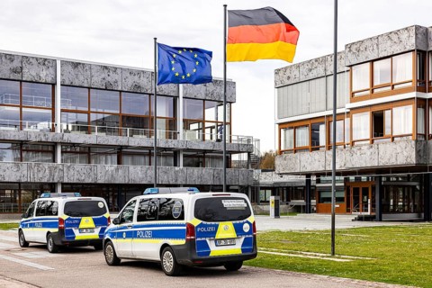 Federal Constitutional Court Karlsruhe, (BVerfG) . Exterior view with the flags of Europe and the