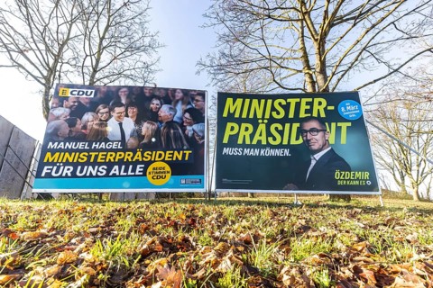 2026 state election in Baden-Württemberg. Election posters at a crossroads in Fellbach. Large