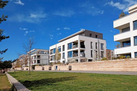 Heidelberg, Germany - March 19th 2026: Modern white cubic residential buildings in Heidelberg