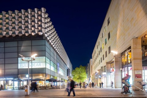Prager Straße in the evening with the Centrum Gallery, Dresden, Saxony, Germany