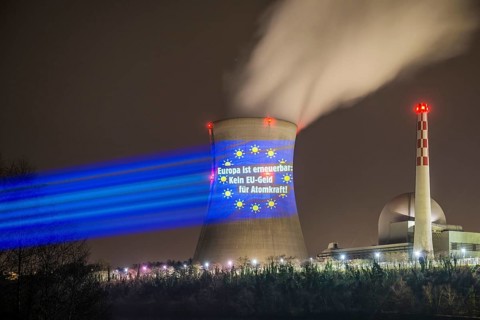 Protest action broadcast by the anti-nuclear organization, projection, night view, 05-03-2026,