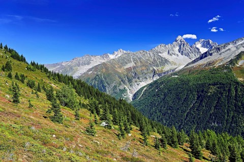 From left front Glacier du Tour back Aiguilles du Tour, right Aiguille du Chardonnet, in front