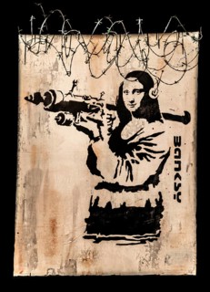 Banksy - Mona Lisa Bazooka, Icon armed with rocket launcher as a critique of war, 2007, London UK,