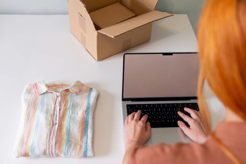 A young woman organizing clothes for sale, using a laptop, with a folded shirt and open box nearby.