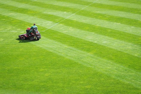 Cutting the grass at the soccer stadium, Lubin, Poland