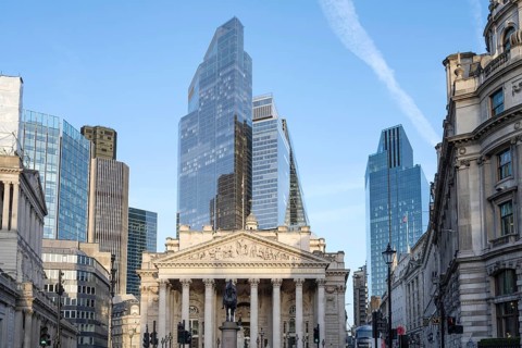 London, UK. February 25th 2026. The Royal Exchange building flanked by Threadneedle Street and The