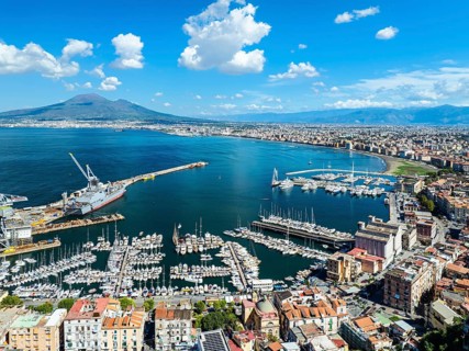 View of Castellammare di Stabia and Mount Vesuvius from a drone, Naples, Italy