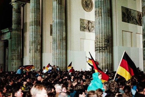 Historic photo of the reunification ceremony on October 3, 1990 at the Brandenburg Gate, Berlin,