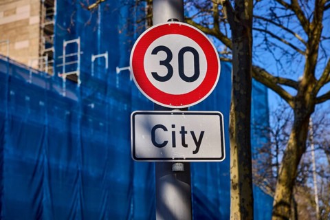30 km/h speed limit sign, additional city sign, traffic sign, Am Stadtgraben, Saarbrücken, state