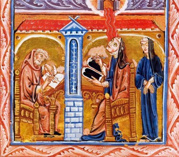 Hildegard of Bingen receives a divine vision, together with her secretary Volmar and her confidante