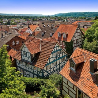 View over red roofs and half-timbered houses in the old town, Marburg an der Lahn, Hesse, Germany