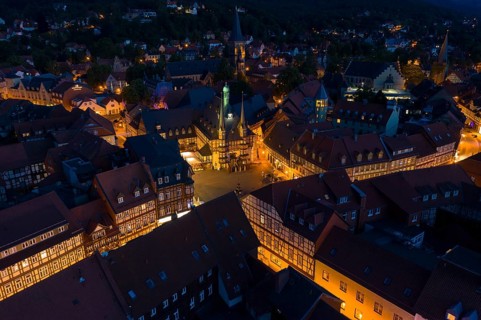 Historic town hall and market, aerial view of the old town at night, Wernigerode, Saxony-Anhalt,