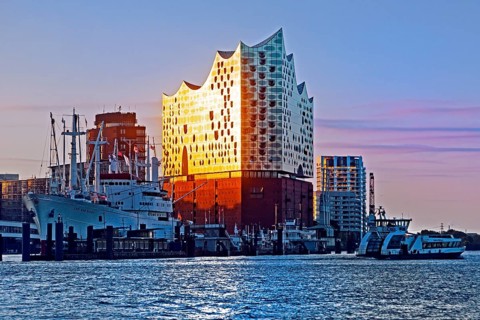 Elbphilharmonie with the Norderelbe at sunrise, Hamburg, Germany