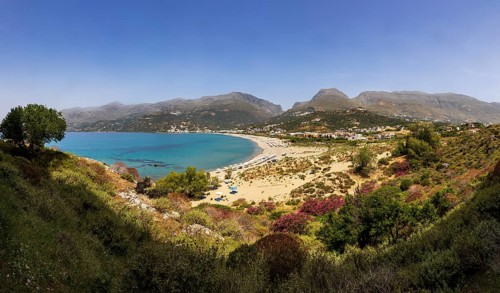 View from the Sarella peninsula to the bay and beach of Plakias, south coast, Crete, Greece