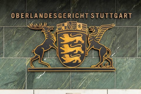 New courtroom building of the Higher Regional Court OLG in Stuttgart-Stammheim, state coat of arms.
