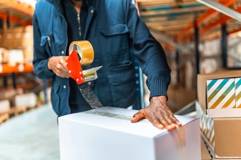 Close-up of an african man using tape gun to close boxes to deliver at distribution warehouse