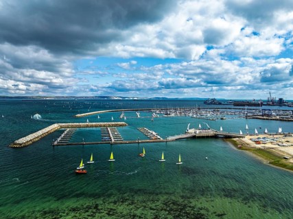 Sailboats on Portland Branch RNSA Moorings from a drone, Portland Harbour and Marina, Portland,