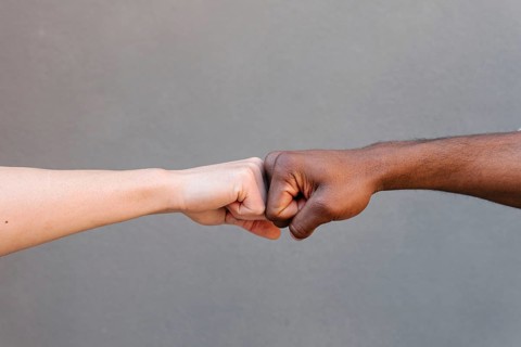 Close-up of two hands exchanging a fist bump against a neutral background, symbolizing unity,
