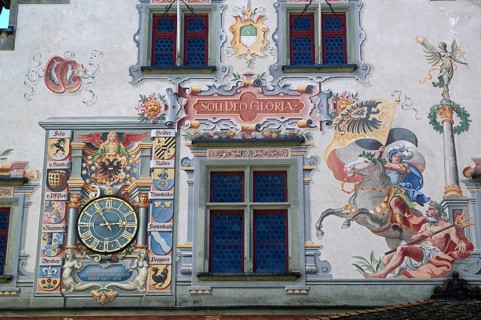 Close-up view, clock, façade painting, Old Town Hall, Old Town, Lindau, Bavaria, Lake Constance,