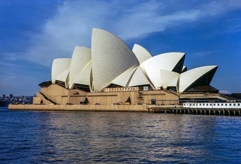 Sydney Opera House from the harbour, iconic precast concrete shells modernist architecture,