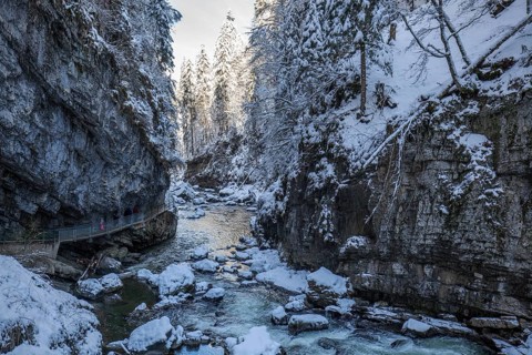 Winter, snowy landscape, river Breitach and hiking trail through the Breitachklamm gorge near