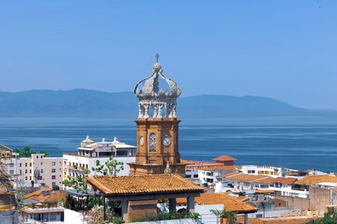 Mexico, panoramic view of Puerto Vallarta near sea promenade Malecon, beaches and historic center