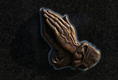 Depiction of praying hands, hands folded in prayer, ornament, relief, on tombstone, Christian