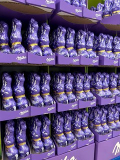Display on the shelf of retail wholesale of chocolate Easter bunnies Easter bunnies Easter bunny