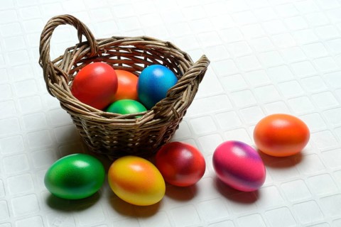 Colourful Easter eggs in baskets, Easter, Easter egg hunt