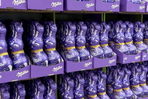 Display on the shelf of retail wholesale of chocolate Easter bunnies Easter bunnies Easter bunny