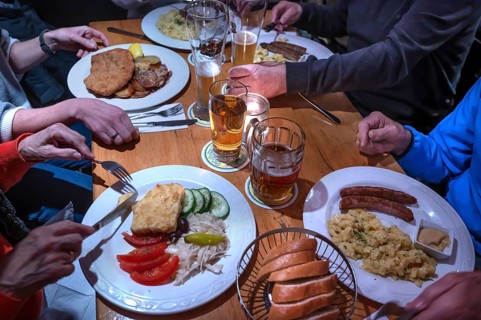 Drinks and various Franconian dishes served in a tavern, Erlangen, Middle Franconia, Bavaria,