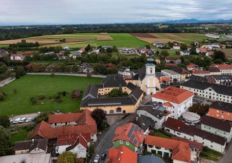 Drone shot, view of village, parish church, Vorchdorf, Traunviertel, Upper Austria, Austria
