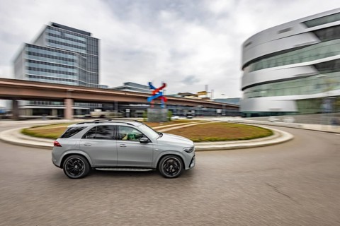 Headquarters of Mercedes-Benz Group AG in Untertürkheim. Roundabout in front of the company