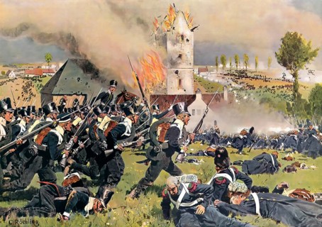 Prussian troops attacking the French at the cemetery of Plancenoit, Battle of Waterloo, 18 June
