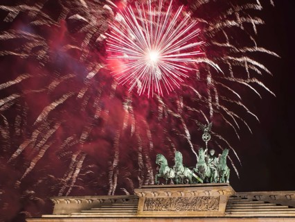 Fireworks over the Brandenburg Gate in Berlin, Germany, during New Year concert and celebrations