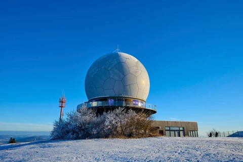 Radar station Radom in clear weather with snow and blue sky, winter, Wasserkuppe, Gersfeld, Rhön,