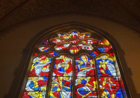 The stained glass windows in St. Anthony's Church are based on a design by Sister Erentrud Trost,