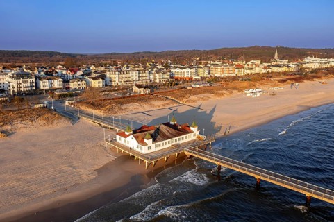 Aerial view over restaurant on Ahlbeck Pier, Seebrücke Ahlbeck in the Baltic Sea on Usedom island,