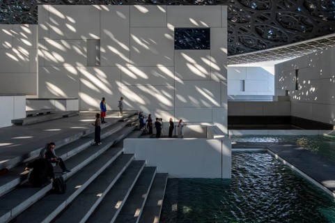 Interior design in Louvre Abu Dhabi, art museum by French architect Jean Nouvel, buildings on