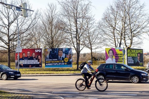 2026 state election in Baden-Württemberg. Election advertising in Fellbach near Stuttgart. Large