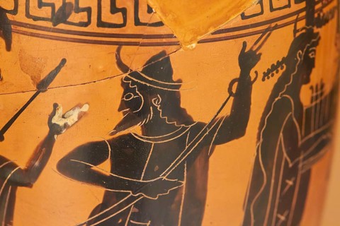 Heracles fighting the Amazon, scenes with spearbearers and musicians on a Greek vase in classic